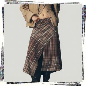 NWT: Browns & Purples Plaid Asymmetrical Hardware Wrap Midi Skirt (S)